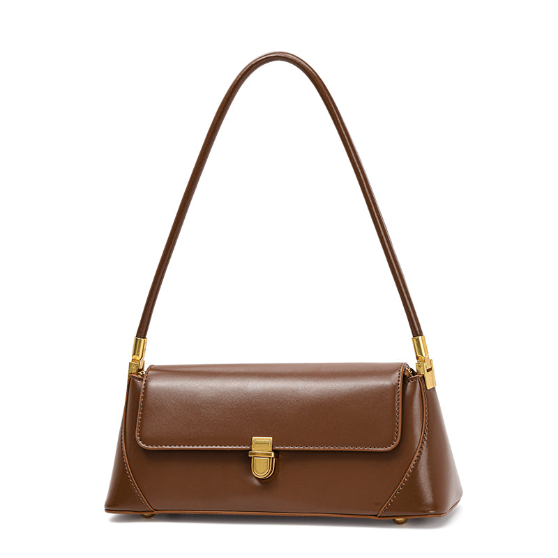 Genuine Cowhide Womens Underarm Shoulder Bag,Smooth Glossy Leather Retro Flap Handbag,Long Strap Rectangular Shoulder Purse