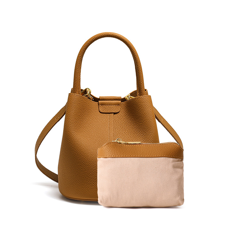 Genuine Cowhide Womens Bucket Handbag,Pebbled Grain Crossbody Purse,Adjustable Strap Mini Bag With Matching Coin Pouch
