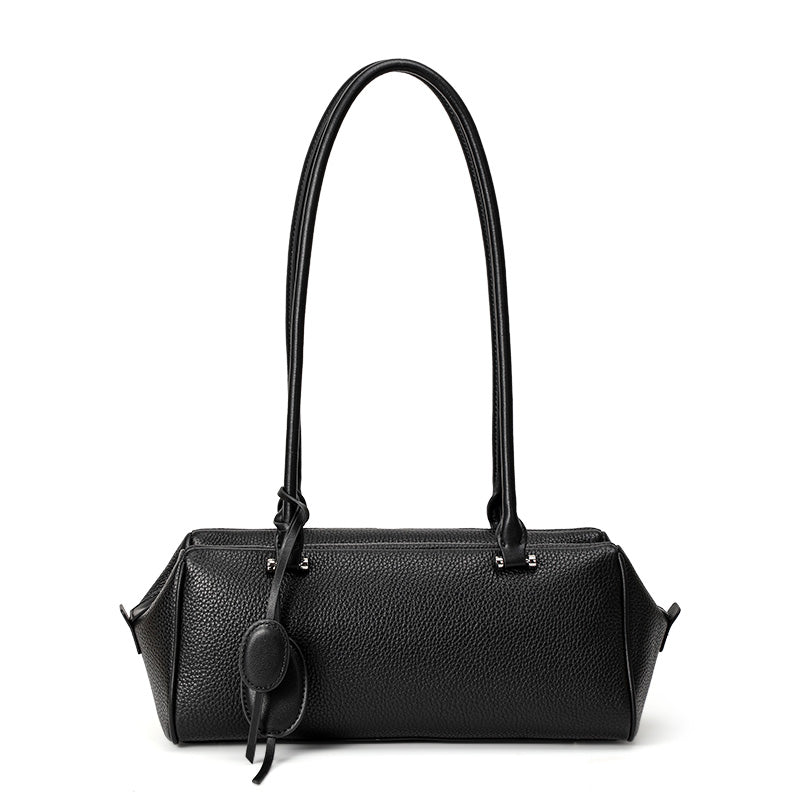 Genuine Cowhide Pebbled Leather Womens Underarm Handbag,Long Cylinder Multi Pocket Minimalist Daily Commute Street Fashion Shoulder Purse