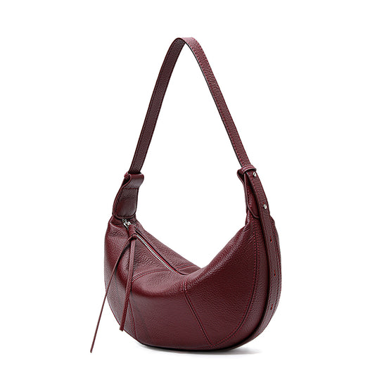 Genuine Cowhide Women's Bag, Pebbled Crescent Hobo Purse, Dual Replaceable Straps Minimal Underarm Crossbody Shoulder Bag