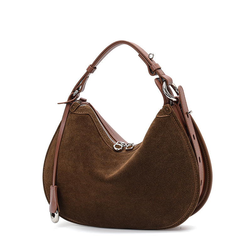 Genuine Suede Cowhide Womens Hobo Bag,Crescent Underarm Purse,Adjustable Strap Vintage Daily Handheld Shoulder Bag
