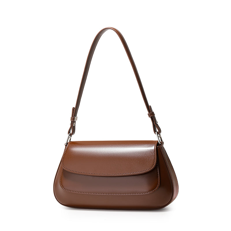 Genuine Cowhide Womens Underarm Crossbody Bag,Glossy Plain Leather Flap Long Purse,Adjustable Strap Vintage Commute Handbag