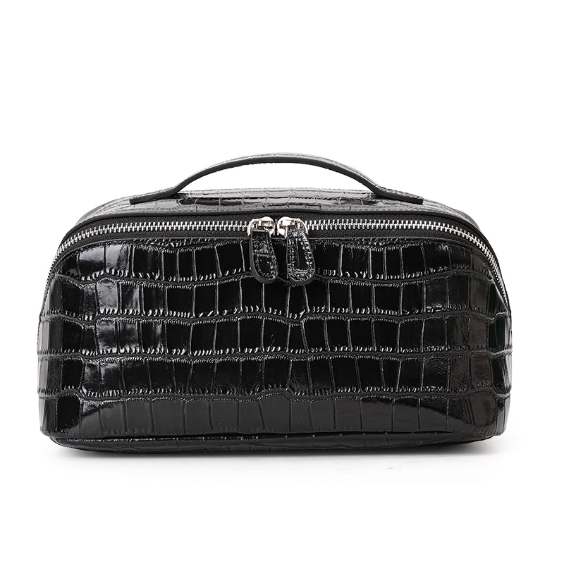 Genuine Cowhide Womens Cosmetic Bag,Crocodile Embossed Rounded Structured Handheld Large Capacity Multi Compartment Travel Toiletry Pouch