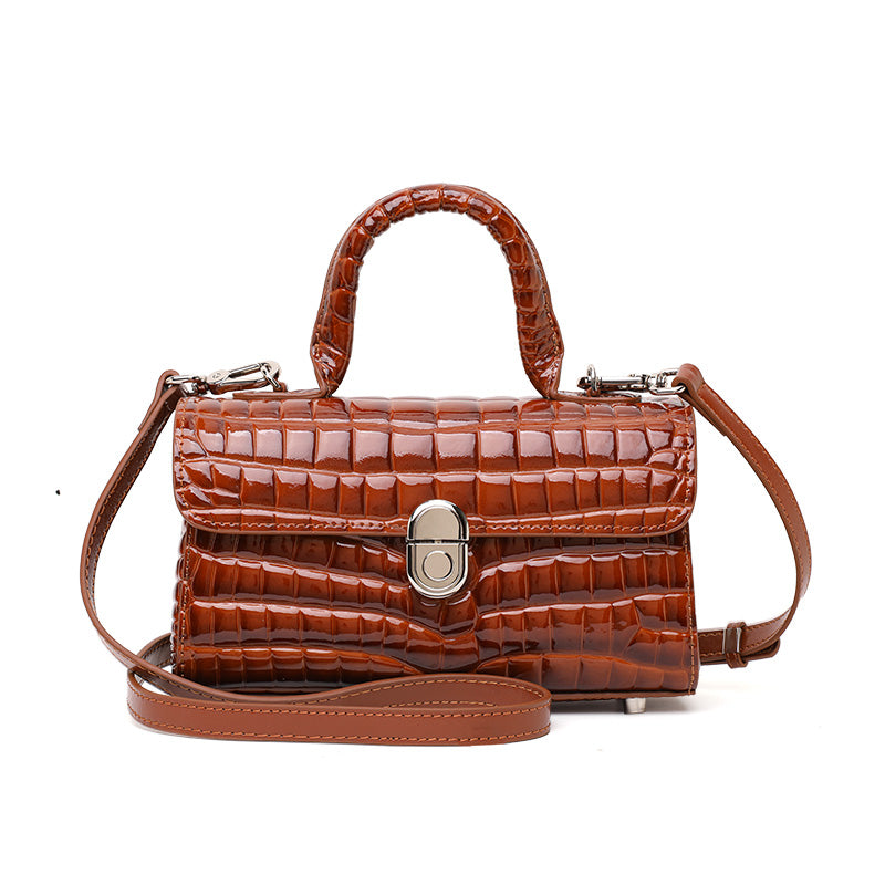 Genuine Cowhide Womens Handbag,Glossy Crocodile Embossed Mini Box Bag,Flip Lock Detachable Strap Crossbody Purse