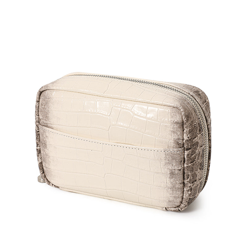 Genuine Cowhide Womens Makeup Pouch,Gradient Croc Embossed Case,Multi Internal Pocket Portable Travel Cosmetic Storage Bag