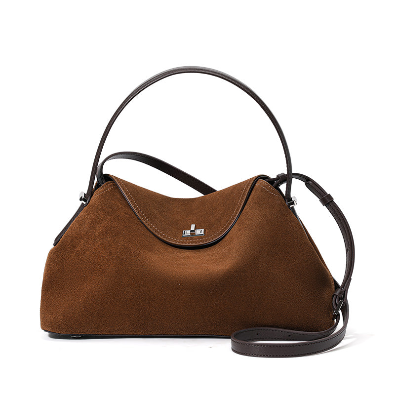 Genuine Cowhide Womens Bag,Suede Flap Hobo Underarm Handbag,Multi Pocket Vintage Daily Shoulder Purse