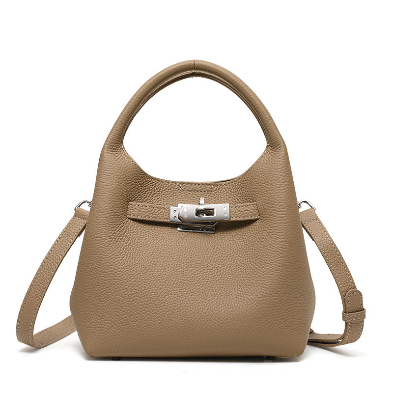 Genuine leather basket bucket bag for women, shoulder bag, crossbody bag, commuter bag, large capacity, fashionable and trendy.