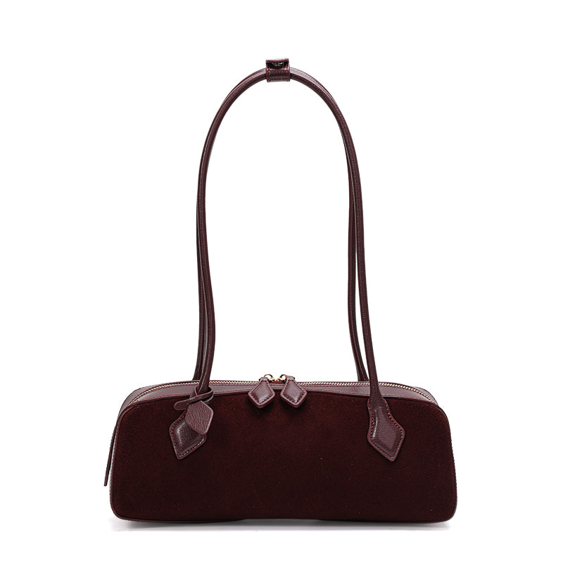Genuine Suede Cowhide Womens Barrel Bag,Long Handheld Underarm Purse,Vintage Caramel Burgundy Single Shoulder Bag