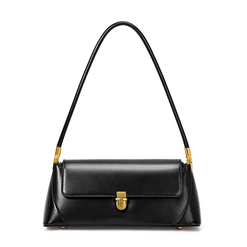 Genuine Cowhide Womens Underarm Shoulder Bag,Smooth Glossy Leather Retro Flap Handbag,Long Strap Rectangular Shoulder Purse