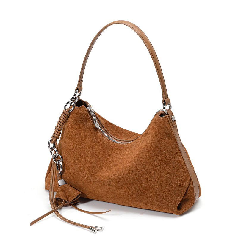 Genuine Cowhide Womens Bag,Matte Suede Crescent Hobo,Detachable Adjustable Strap,Tassel Decor Underarm Shoulder Handbag