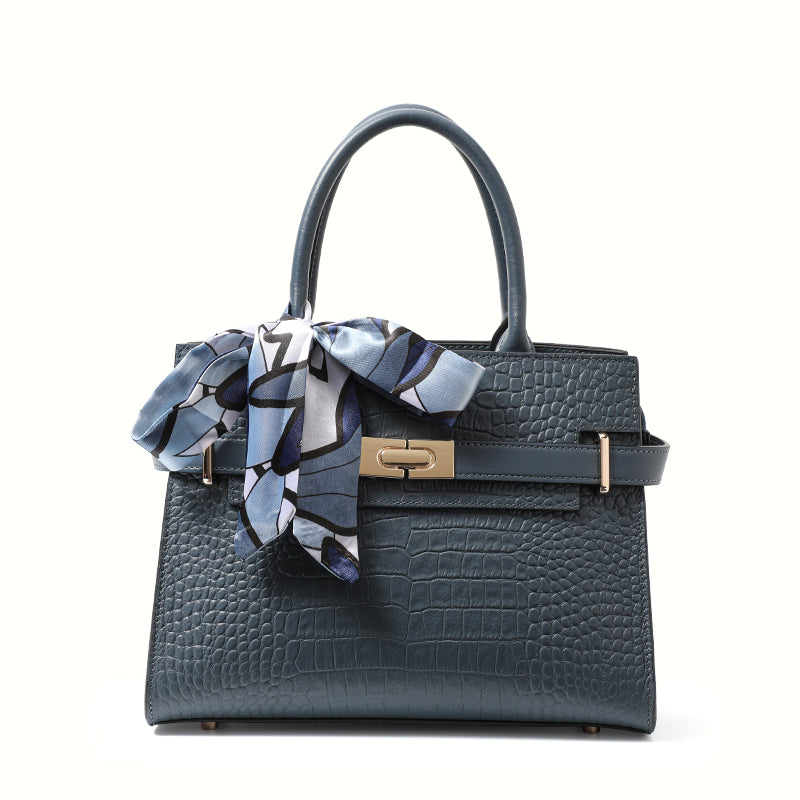 Genuine Cowhide Crocodile Embossed Womens Structured Handbag,Detachable Leather Shoulder Strap Multi Compartment Bag With Decorative Silk Scarf