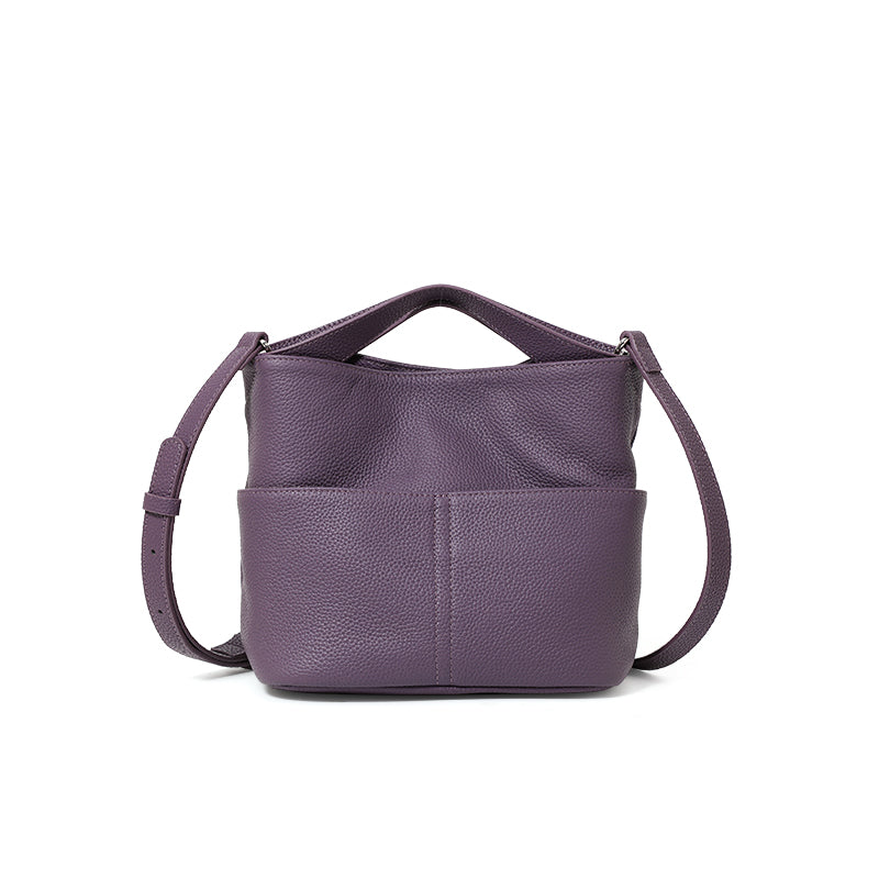 Genuine Cowhide Lightweight Mini Tote Handbag,Adjustable Shoulder Strap Open Top Multi Layer Storage Minimal Daily Womens Crossbody Bucket Bag