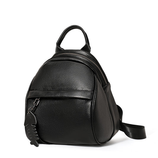 Genuine Cowhide, Pebble Grain, Mini Round Backpack, Women's Anti-Theft Multifunction Bag, Dual Shoulder Carry, Crossbody Carry, Daily Shopping, Short Trip