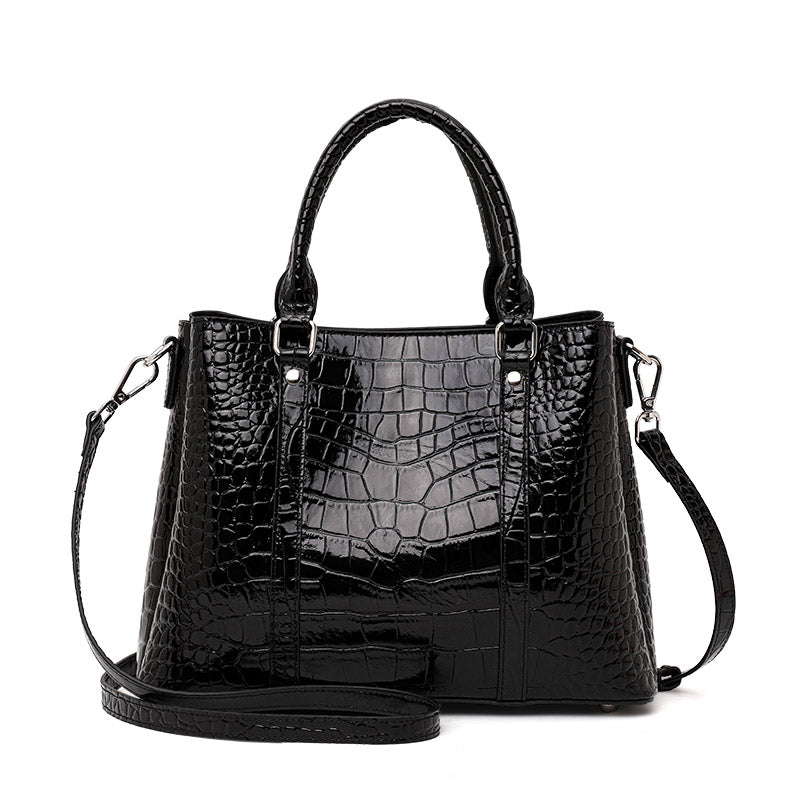 Top Layer Cowhide Women Tote Bag,Glossy Crocodile Embossed Trapezoid Handbag Detachable Shoulder Strap Multi Compartment