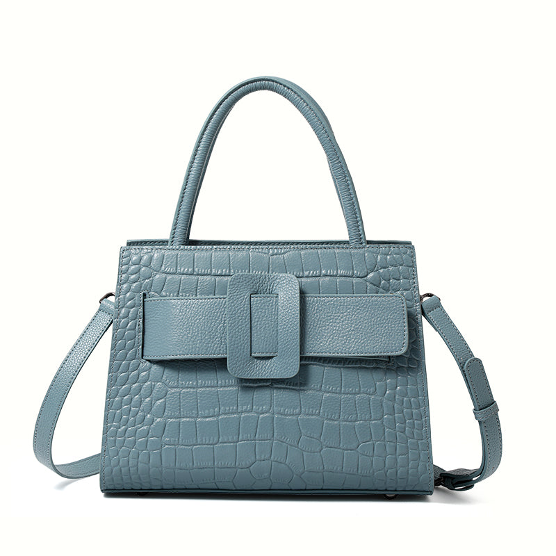 Genuine Cowhide Crocodile Embossed Womens Structured Tote Handbag,Two Color Multi Compartment Detachable Strap Shoulder Bag