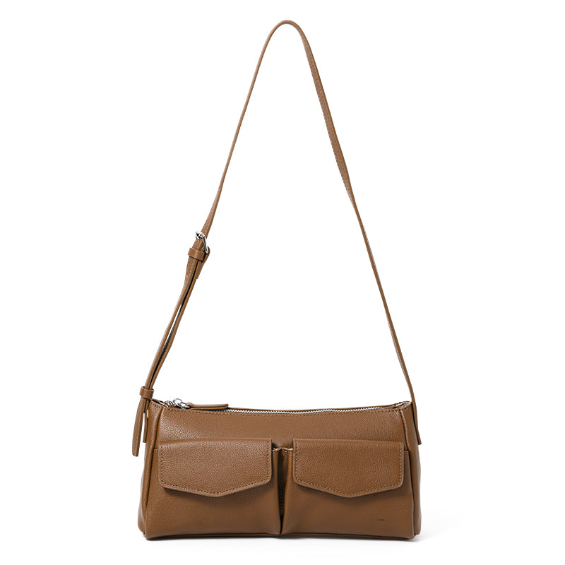Genuine Cowhide Textured Rectangle Shoulder Bag Women,Adjustable Leather Crossbody Strap Multi Pocket Lightweight Office Handbag