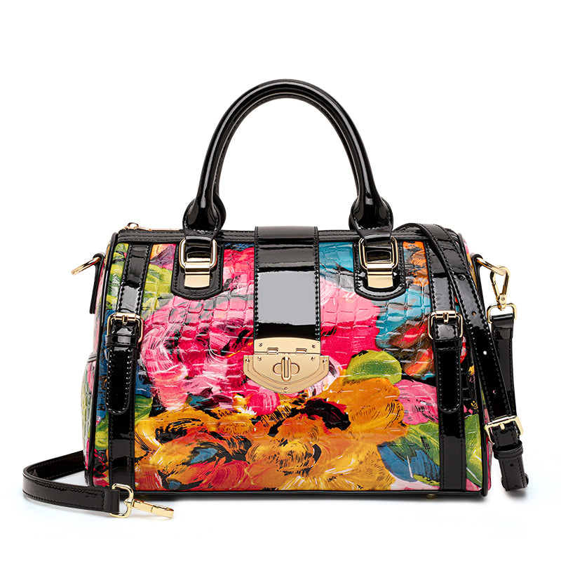 Genuine Cowhide,Glossy Floral Crocodile Grain,Cylinder Handheld Bag,Art Floral Women Convertible Bag,Hand Carry,Cross Shoulder Carry,Daily Commute,Party Travel