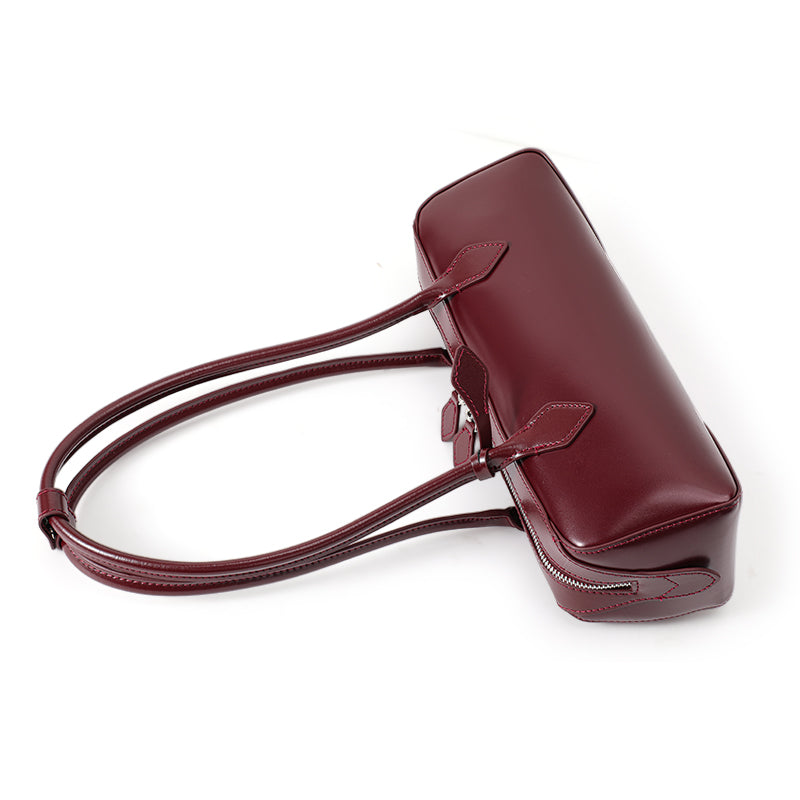 Genuine Cowhide Womens Underarm Shoulder Bag,Smooth Glossy Barrel Handbag,Burgundy Vintage Commute Cylinder Purse