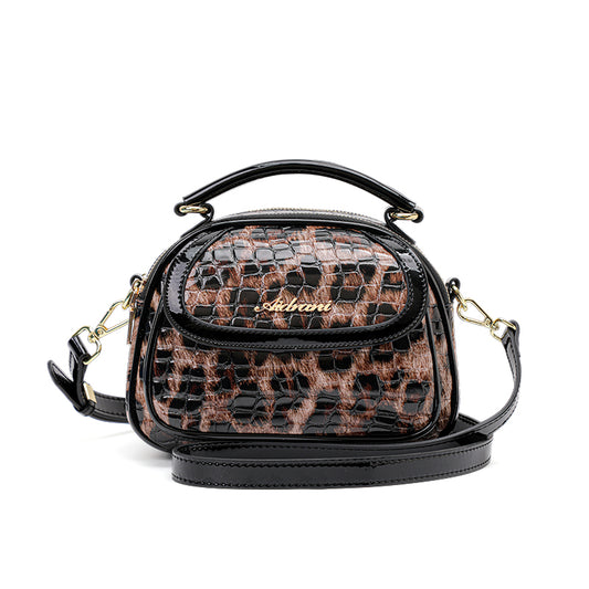 Genuine Cowhide Crocodile Leopard Print Womens Mini Oval Handbag,Glossy Multi Compartment Adjustable Crossbody Shoulder Bag