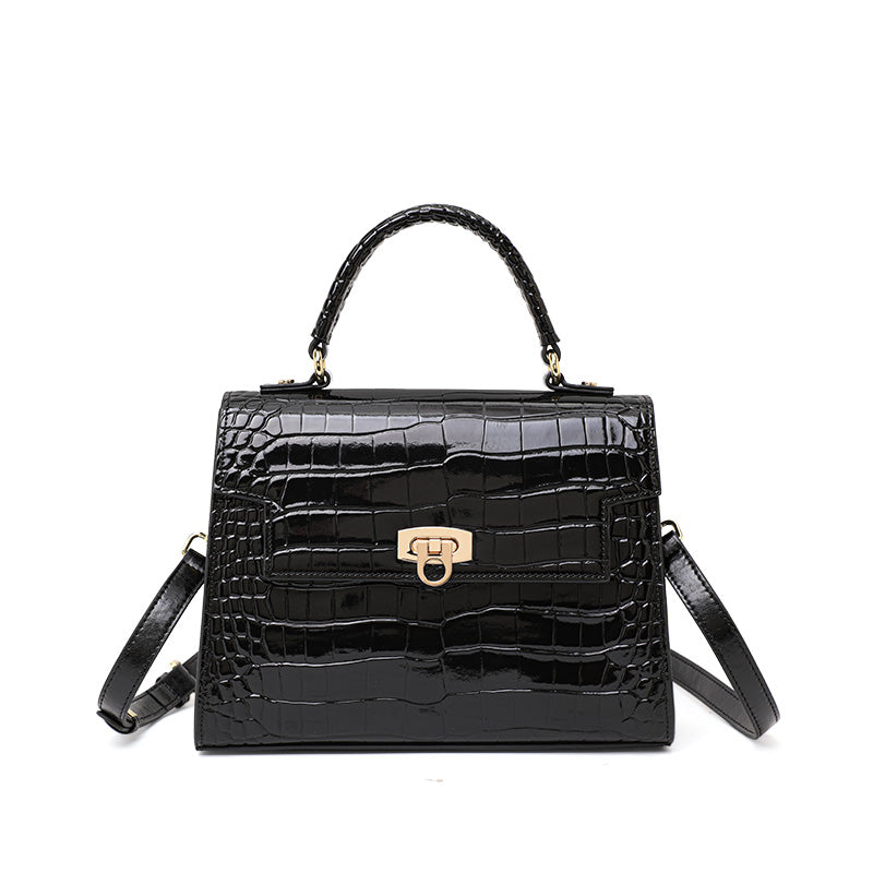 Genuine Cowhide Glossy Crocodile Embossed Flap Handbag,Detachable Crossbody Strap Twist Lock Multi Compartment Womens Two Way Carry Square Purse