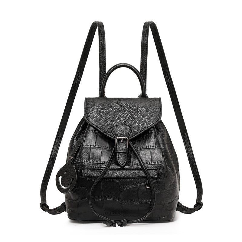 Genuine Cowhide Womens Backpack,Crocodile Embossed Drawstring Daypack,Flap Buckle Multi Pocket Travel Shoulder Bag