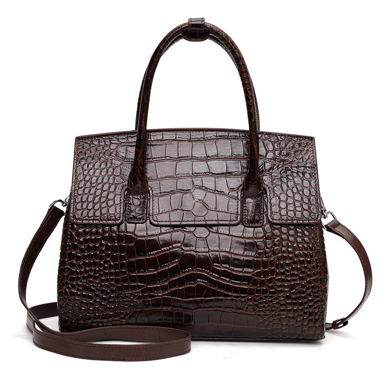 Genuine Cowhide Women Tote Bag,Glossy Crocodile Grain Structured Trapezoid Handbag Multi Compartment Internal Storage Pockets