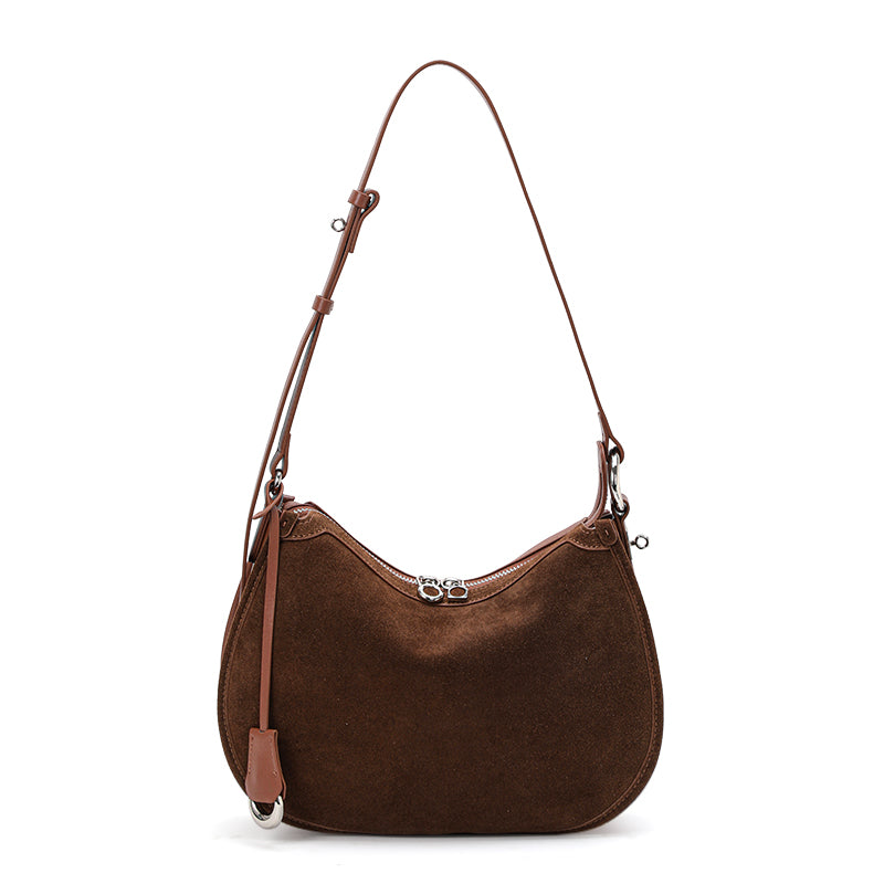 Genuine Suede Cowhide Womens Hobo Bag,Crescent Underarm Purse,Adjustable Strap Vintage Daily Handheld Shoulder Bag