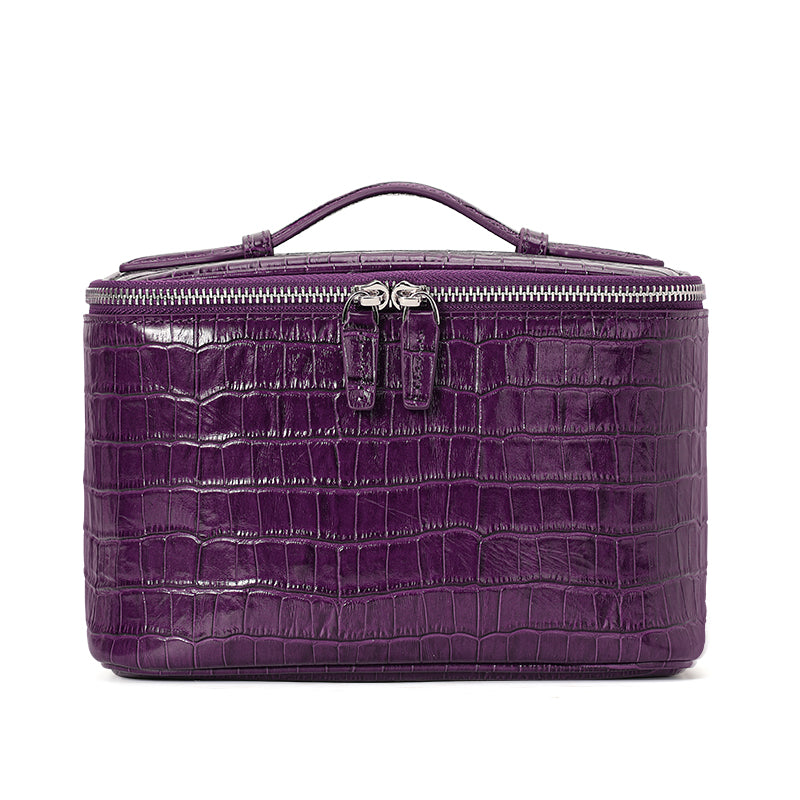 Genuine Cowhide Womens Cosmetic Case,Crocodile Embossed Structured Handheld Multi Compartment Travel Makeup Organizer