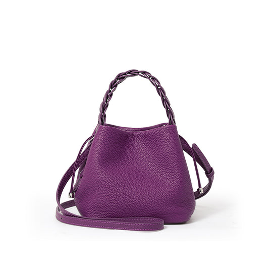 Genuine Cowhide Women's Mini Bucket Bag, Braided Handle Drawstring Crossbody Purse, Pebbled Leather Portable Daily Storage Pouch