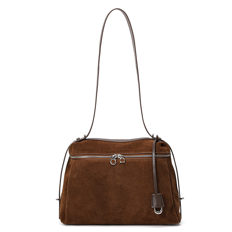 Genuine Suede Cowhide Womens Handheld Bag,Soft Horizontal Tote,Multi Compartment Vintage Daily Shoulder Purse
