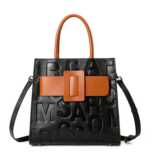 Genuine Cowhide Women's Handheld Tote Bag, Embossed Letter Square Handbag, Two-Tone Buckle Large Capacity Office Purse with Multi-Layer Inner Pockets