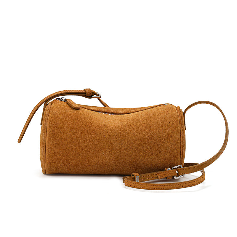 Genuine Cowhide Womens Bag,Suede Cylindrical Mini Underarm Purse,Adjustable Strap Vintage Daily Crossbody Shoulder Bag