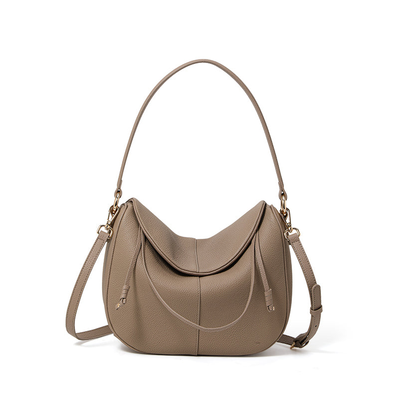 Genuine Cowhide Pebbled Crescent Hobo Shoulder Bag,Detachable Adjustable Cross Strap Magnetic Flap Multi Compartment Womens Two Way Carry Purse