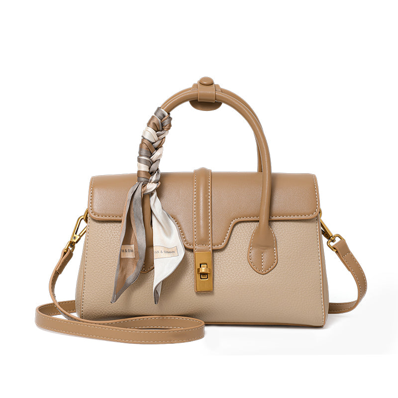 Genuine Cowhide Two Tone Pebbled Flap Handbag,Detachable Adjustable Crossbody Strap Twist Lock Multi Compartment Womens Two Way Carry Purse