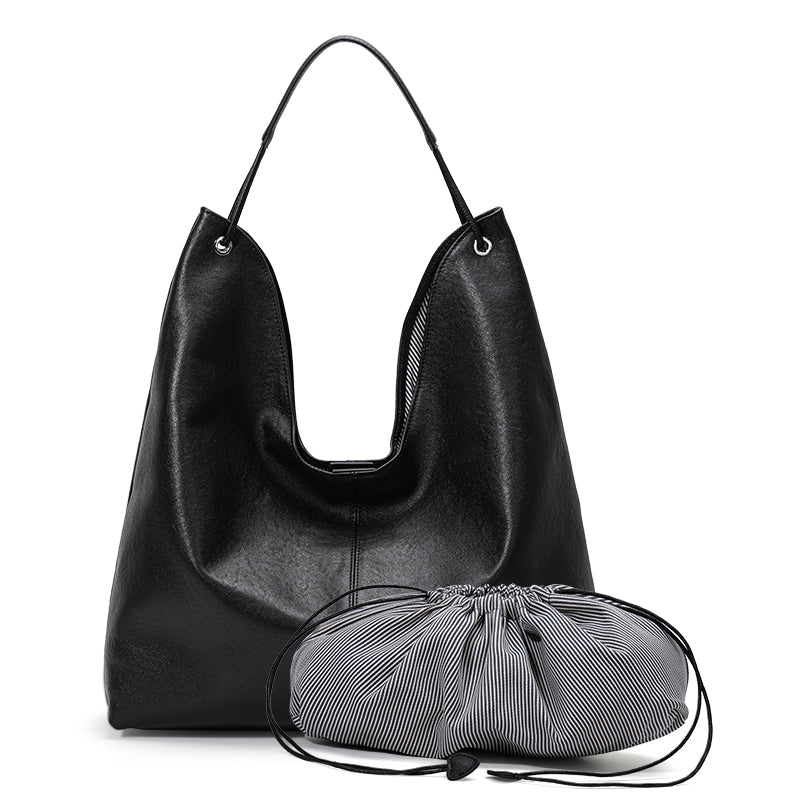 Genuine Cowhide Women's Bag, Grain Soft U-Shape Tote, Detachable Storage Pouch, Multi-Compartment Large Commuter Shoulder Handbag