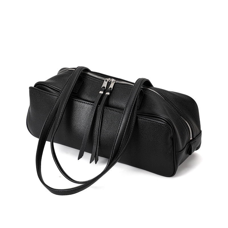 Genuine Cowhide Womens Underarm Shoulder Bag,Pebbled Grain Double Zip Pillow Purse,Multi Compartment Daily Commute Handbag