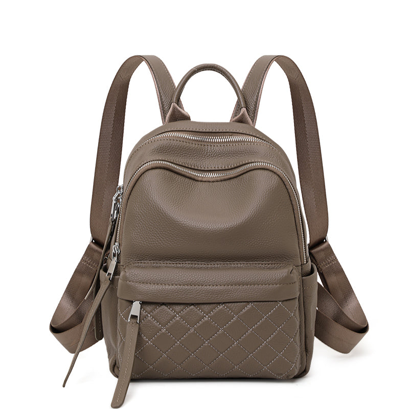 Genuine Cowhide Womens Backpack,Pebbled Quilted Multi Pocket Rucksack,Adjustable Wide Strap Anti Theft Travel Daypack