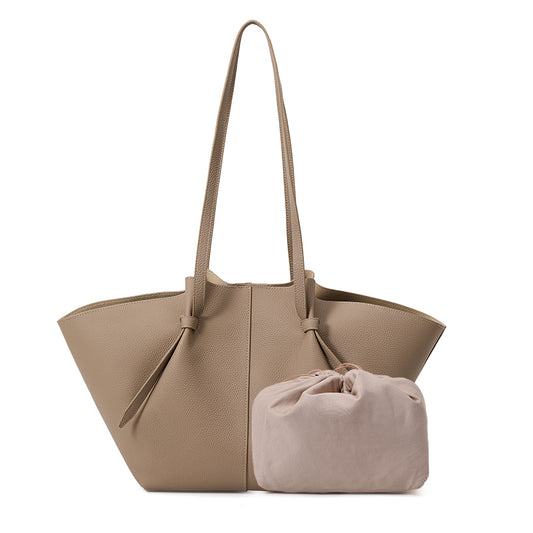 Genuine Cowhide Women's Shoulder Tote Bag, Pebbled Fan-Shaped Two-Piece Purse, Apricot Large Capacity Commute Handbag With Drawstring Inner Pouch