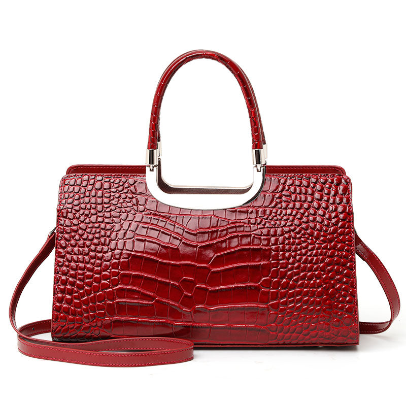 Genuine Cowhide,Glossy Crocodile Grain,Rectangle Tote Bag,Women Convertible Work Bag,Hand Cross Carry,Office Business Trip