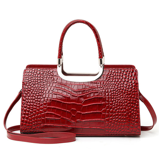 Genuine Cowhide,Glossy Crocodile Grain,Rectangle Tote Bag,Women Convertible Work Bag,Hand Cross Carry,Office Business Trip