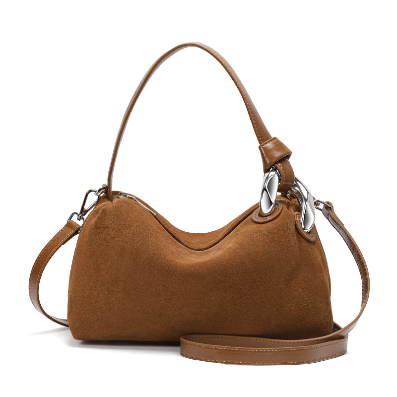 Genuine Suede Cowhide Womens Hobo Bag,Curved Crescent Handheld Purse,Detachable Strap Retro Caramel Coffee Crossbody Bag