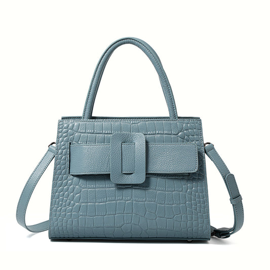Genuine Cowhide Crocodile Embossed Womens Structured Tote Handbag,Two Color Multi Compartment Detachable Strap Shoulder Bag
