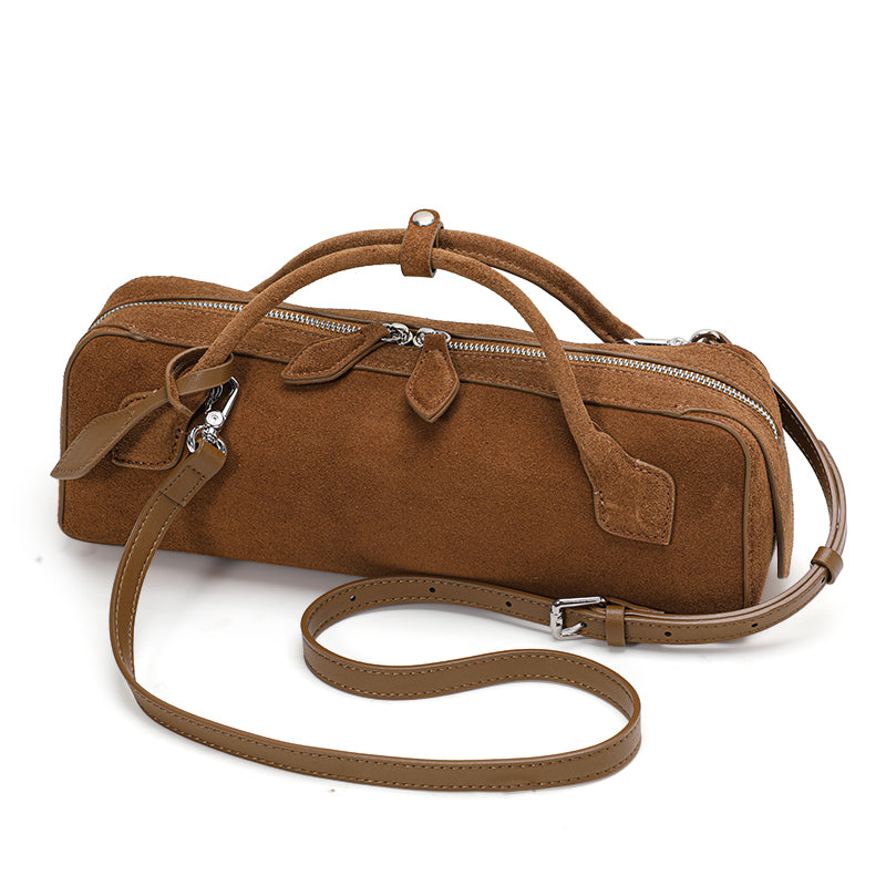 Genuine Suede Cowhide Womens Long Rectangular Handheld Bag,Retro Makeup Storage Clutch,Two Color Portable Shoulder Pouch