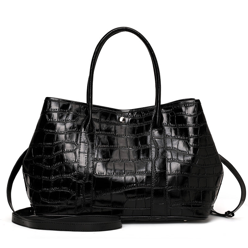 Genuine Cowhide,Glossy Crocodile Grain,Open Top Large Tote Bag,Women Lightweight Convertible Bag,Hand Carry,Shoulder Carry,Office Commute,Daily Travel