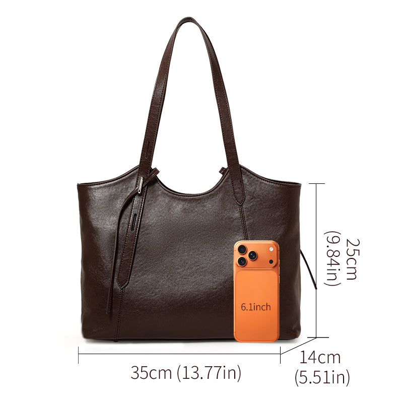 Genuine Cowhide Women Tote Bag,Oil Wax Grain Leather Shoulder Bag,Adjustable Strap Large Capacity Work Handbag