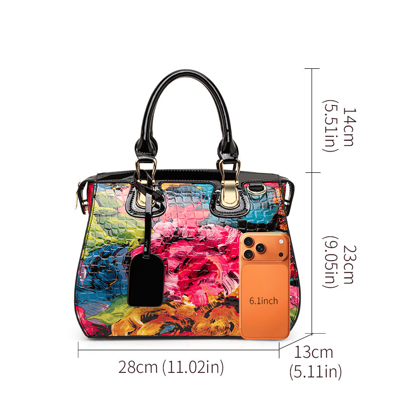 Genuine Cowhide,Glossy Floral Crocodile Grain,Top Handle Satchel Bag,Vintage Women Convertible Handbag,Hand Carry,Cross Shoulder Carry,Daily Commute,Short Travel