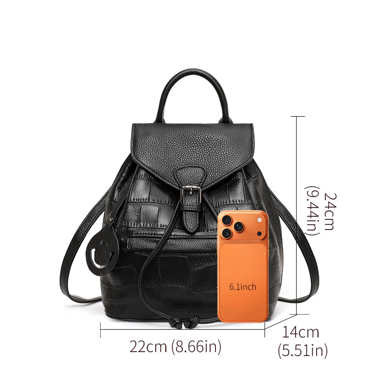 Genuine Cowhide Womens Backpack,Crocodile Embossed Drawstring Daypack,Flap Buckle Multi Pocket Travel Shoulder Bag