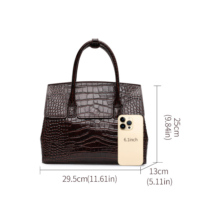 Genuine Cowhide Women Tote Bag,Glossy Crocodile Grain Structured Trapezoid Handbag Multi Compartment Internal Storage Pockets