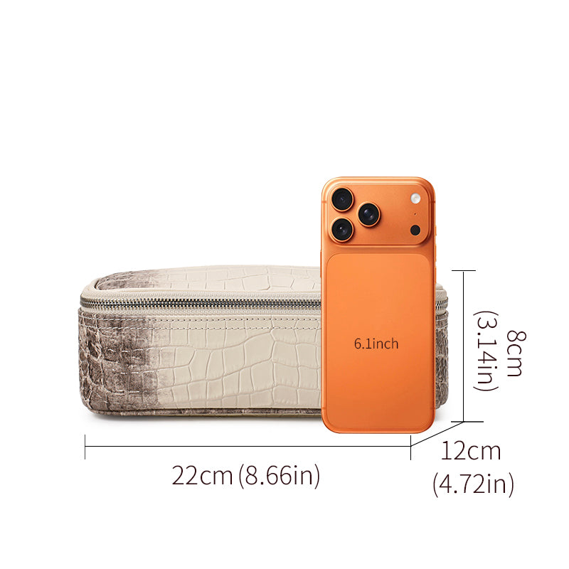 Genuine Cowhide Womens Makeup Bag,Crocodile Embossed Portable Cosmetic Pouch,Mini Travel Skincare Storage Case