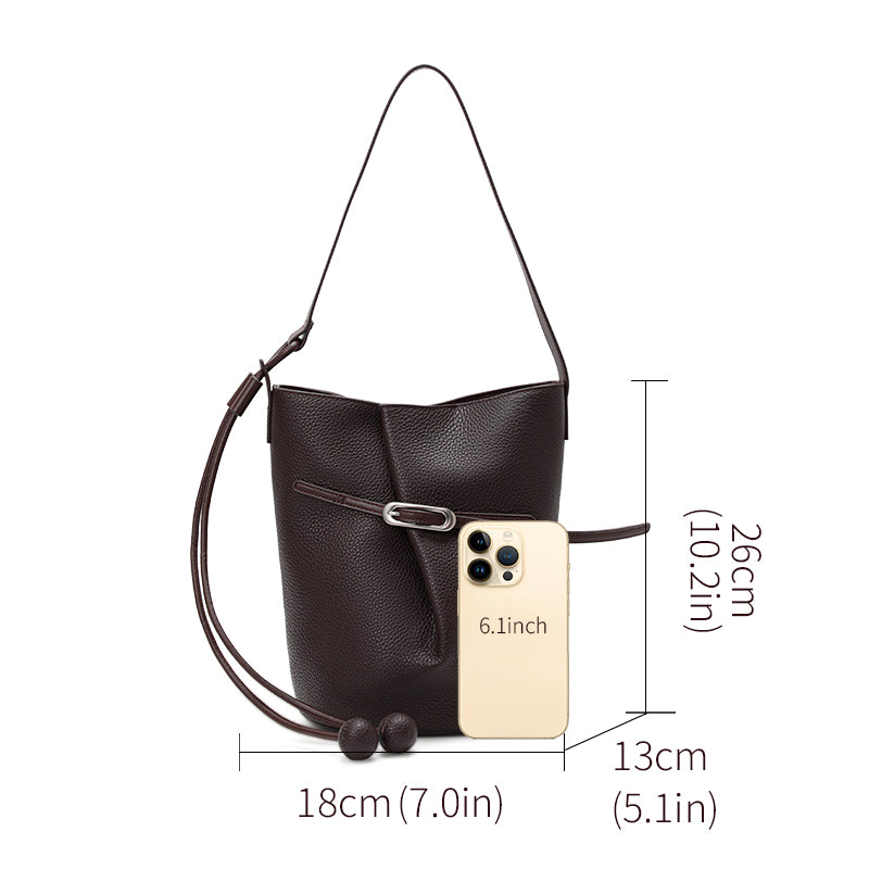 Genuine Cowhide Womens Bag,Pebbled Vertical Bucket Shoulder Bag,Drawstring Decor Matching Fabric Pouch Minimalist Crossbody Purse